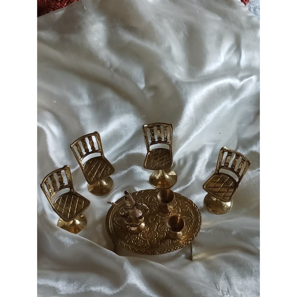 VTG 8 Piece Set All Brass Dollhouse Mini Furniture table chairs pot glasses EUC